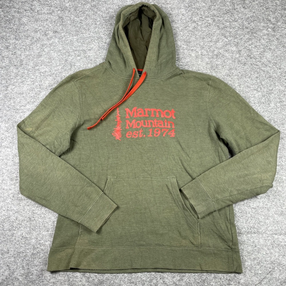 Marmot Hoodie Mens L Green Mountain Est 1974 Pullover Fleece Sweatshirt